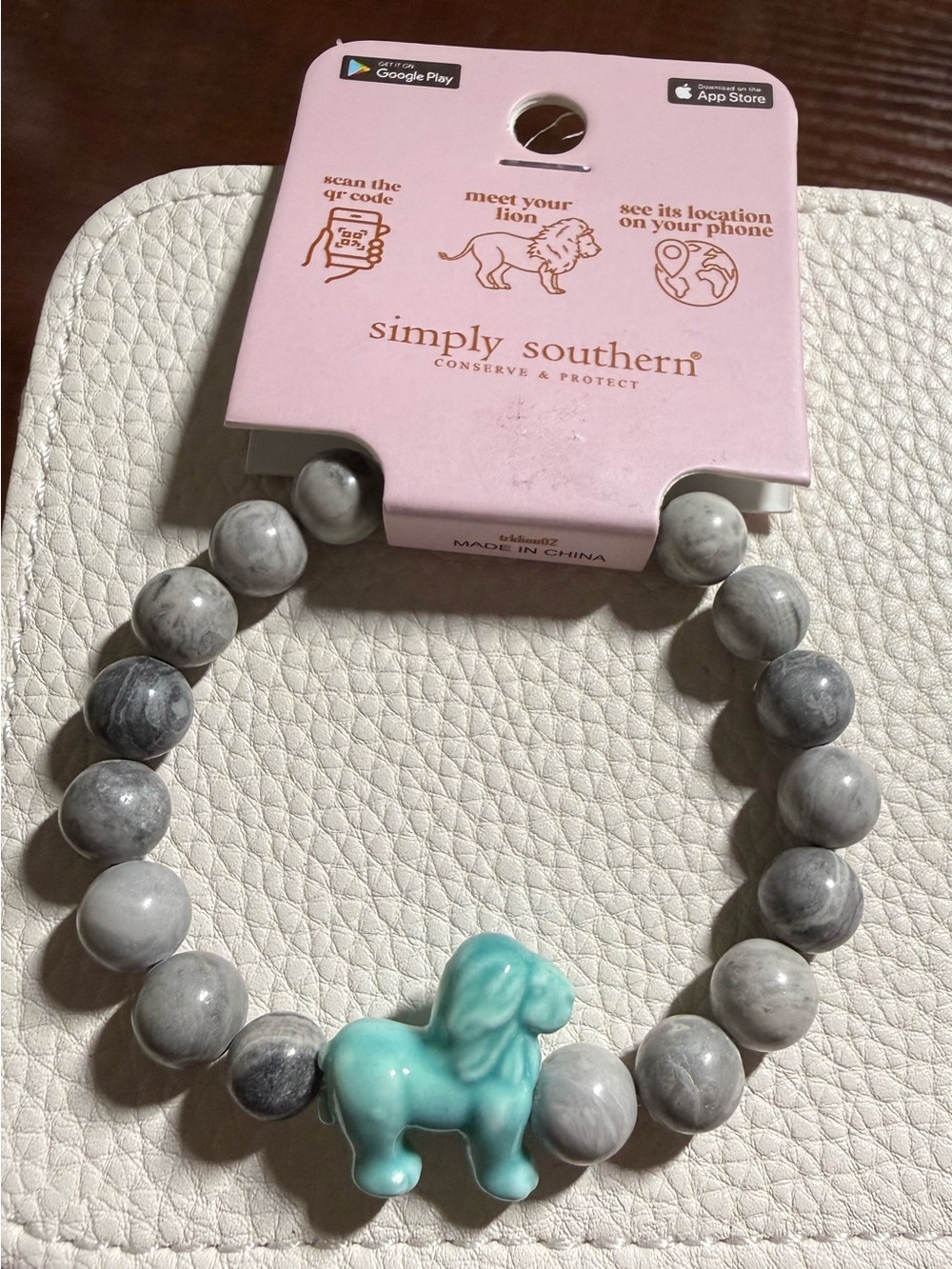 Simply Southern Gray Bead Tracking Bracelet with Turquoise Lion Accent